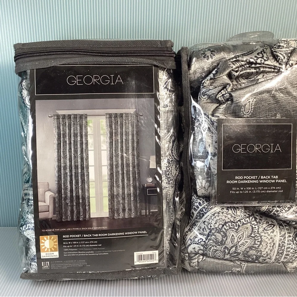 Set of 2 Georgia Print Room Darkening Grommet Window Curtain Panel - Grey 108